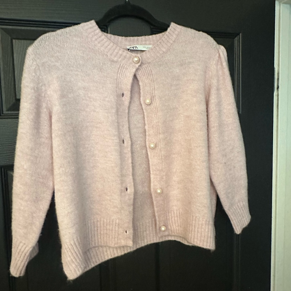 Zara Pink Cardigan Sweater Cropped 3/4 Sleeves